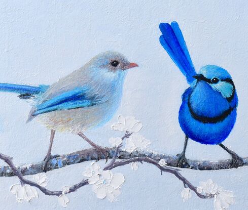 Textured oil painting of three little Splendid Fairy Wrens on a perch of white plum blossom, a male on either side of the female in the centre.  The males have a light blue head, darker blue front and back and a black stripe across the chest and near the eyes. The female is a paler grey with blue tips on the wings and tail.