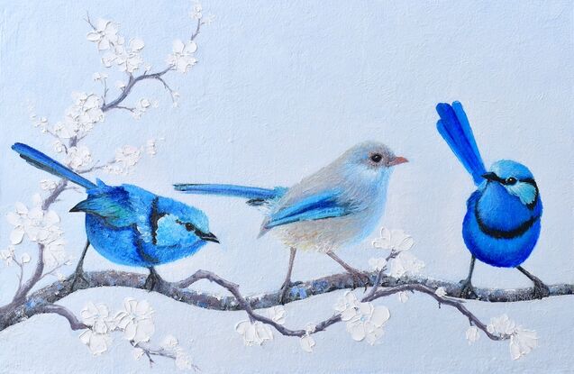 Textured oil painting of three little Splendid Fairy Wrens on a perch of white plum blossom, a male on either side of the female in the centre.  The males have a light blue head, darker blue front and back and a black stripe across the chest and near the eyes. The female is a paler grey with blue tips on the wings and tail.