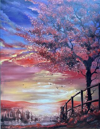 Fiery Whispers

Get ready to meet the most dramatic tree on the block!
 'Fiery Whispers' captures a red tree caught in a windy gossip session, throwing its leaves and branches every which way against a sunset that’s clearly vying for attention. 

With a fiery background of purple, orange, and yellow, this painting sets the scene for an epic nature showdown.

In the distance, birds are flying away, probably to find some peace and quiet. 

The orange hills and a foggy cityscape suggest they've chosen the urban jungle over this flamboyant spectacle. 

This tree stands proudly in the foreground, encircled by a wooden rail fence that seems to say, "No trespassing – drama in progress."

Measuring 130x100cm, this vibrant piece combines the main colours of red, purple, yellow, and black to create a visual feast . 
Hang it up and let your walls bask in the glow of its fiery whispers.