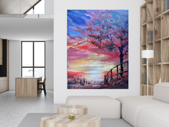 Fiery Whispers

Get ready to meet the most dramatic tree on the block!
 'Fiery Whispers' captures a red tree caught in a windy gossip session, throwing its leaves and branches every which way against a sunset that’s clearly vying for attention. 

With a fiery background of purple, orange, and yellow, this painting sets the scene for an epic nature showdown.

In the distance, birds are flying away, probably to find some peace and quiet. 

The orange hills and a foggy cityscape suggest they've chosen the urban jungle over this flamboyant spectacle. 

This tree stands proudly in the foreground, encircled by a wooden rail fence that seems to say, "No trespassing – drama in progress."

Measuring 130x100cm, this vibrant piece combines the main colours of red, purple, yellow, and black to create a visual feast . 
Hang it up and let your walls bask in the glow of its fiery whispers.