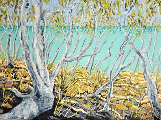 The bright blue water can be seen through the gum trees. On the forest floor are grasses. The strong light pouring into the scene illuminates the gum leaves. These have been painted in gold and change as the light in your room changes.