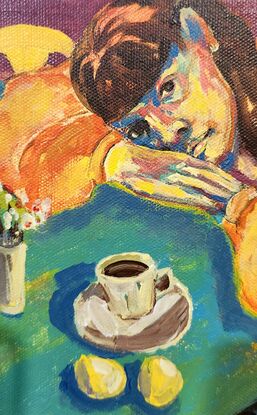 Figurative abstract painting 
Acrylic on canvas 

Women.teacup. still life 