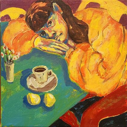 Figurative abstract painting 
Acrylic on canvas 

Women.teacup. still life 