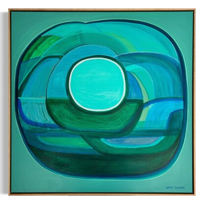 Serene flowing curves of green and blue interlock and overlap.