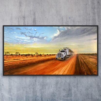 Outback Road Train on dusty road.