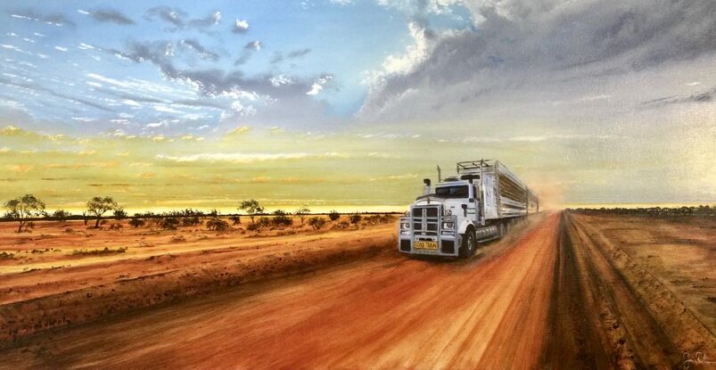 Outback Road Train on dusty road.