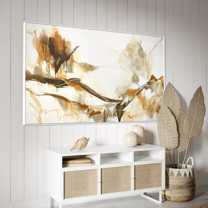 bold marks in  warm earthy beige, ochre , brown, white and grey across the canvas suggestive of landscape of valleys and open spaces made from large expressive painterly marks