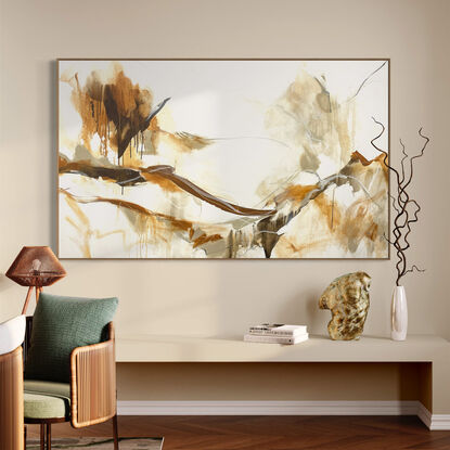 bold marks in  warm earthy beige, ochre , brown, white and grey across the canvas suggestive of landscape of valleys and open spaces made from large expressive painterly marks