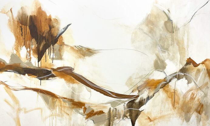 bold marks in  warm earthy beige, ochre , brown, white and grey across the canvas suggestive of landscape of valleys and open spaces made from large expressive painterly marks