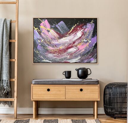 Black background with purple, pink and maroon brushstrokes with white and pink paint splatters