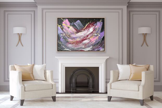 Black background with purple, pink and maroon brushstrokes with white and pink paint splatters