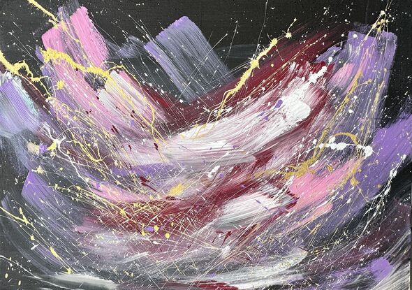 Black background with purple, pink and maroon brushstrokes with white and pink paint splatters