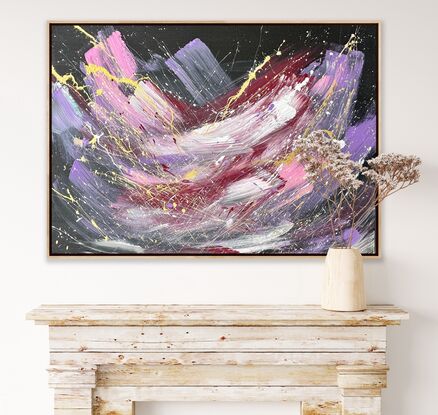 Black background with purple, pink and maroon brushstrokes with white and pink paint splatters