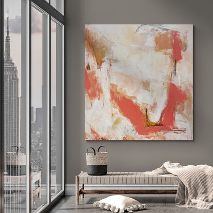 neutral and subtle apricot tones from nature blended with areas of blush, beige, brown, grey and black with pops of gold expressive marks across an extra large canvas