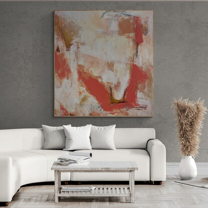 neutral and subtle apricot tones from nature blended with areas of blush, beige, brown, grey and black with pops of gold expressive marks across an extra large canvas