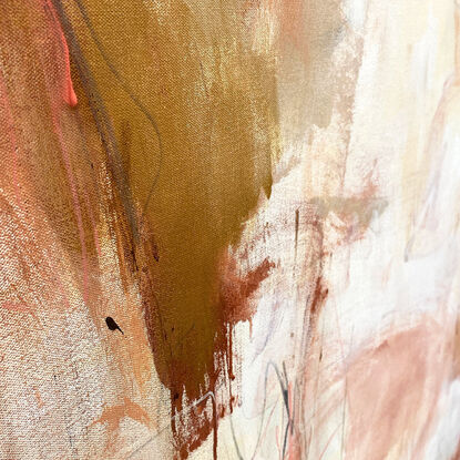 neutral and subtle apricot tones from nature blended with areas of blush, beige, brown, grey and black with pops of gold expressive marks across an extra large canvas