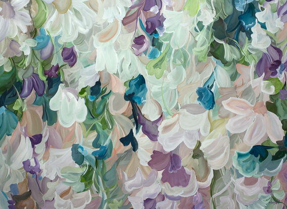 Extra large neutral abstract flower landscape painting in light pastel shades of pink and green colours