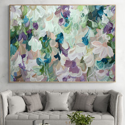 Extra large neutral abstract flower landscape painting in light pastel shades of pink and green colours