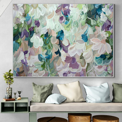 Extra large neutral abstract flower landscape painting in light pastel shades of pink and green colours