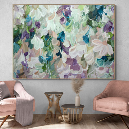 Extra large neutral abstract flower landscape painting in light pastel shades of pink and green colours