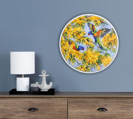 Rainbow lorikeets in wattle, framed original painting by Irina Redine.