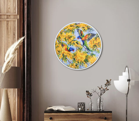 Rainbow lorikeets in wattle, framed original painting by Irina Redine.