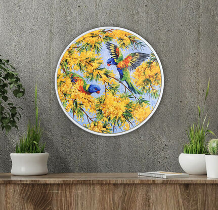 Rainbow lorikeets in wattle, framed original painting by Irina Redine.