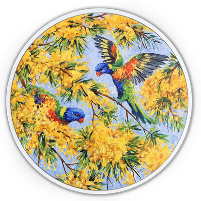 Rainbow lorikeets in wattle, framed original painting by Irina Redine.