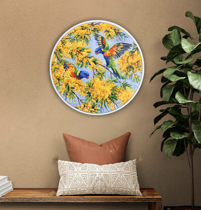 Rainbow lorikeets in wattle, framed original painting by Irina Redine.