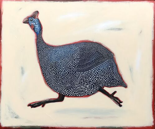 Guinea fowl running on a beige abstract backgroun, red and brown edges.