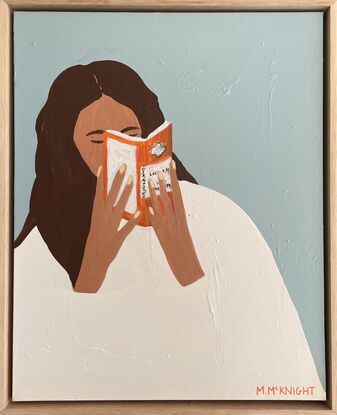 Pale background, woman reading book on face