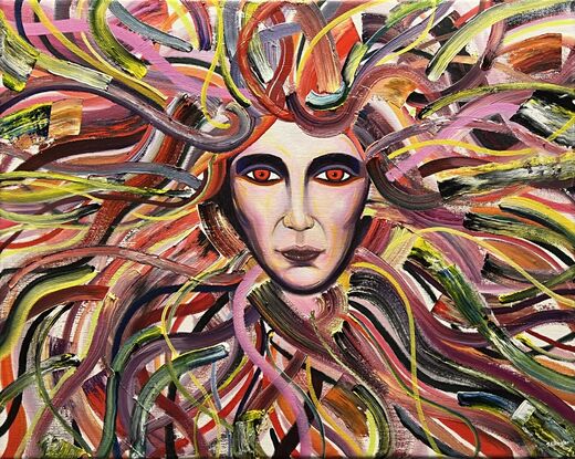 Bright and colourful portrait of woman. Overlapping lines.