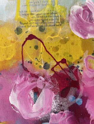 Sage green and pale aqua colours fill the background with pink and yellow coloured abstract blooms with dark blue and magenta fine line ink work leaf-like shapes. The blooms are in a stylised transparent vase. 