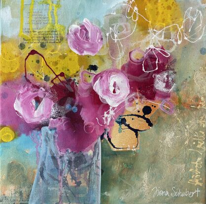 Sage green and pale aqua colours fill the background with pink and yellow coloured abstract blooms with dark blue and magenta fine line ink work leaf-like shapes. The blooms are in a stylised transparent vase. 