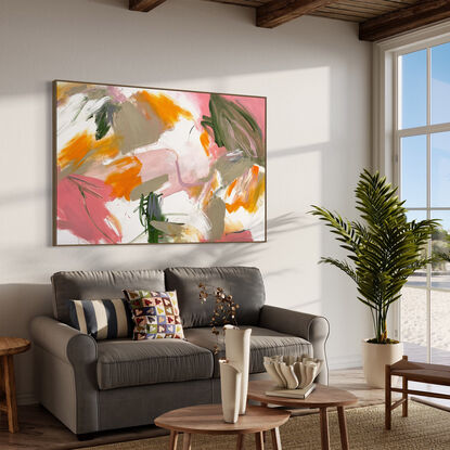 bold textured marks in pink, apricot, orange, sage, grey and olive with areas of white, beige and green across a large canvas