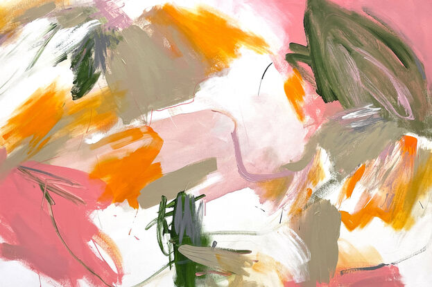 bold textured marks in pink, apricot, orange, sage, grey and olive with areas of white, beige and green across a large canvas