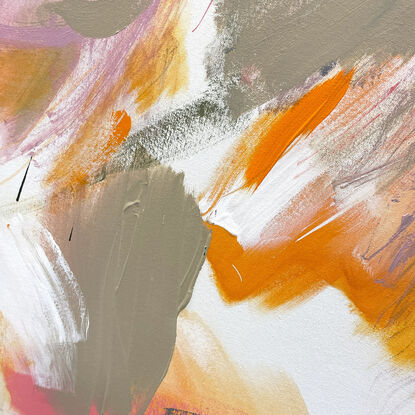 bold textured marks in pink, apricot, orange, sage, grey and olive with areas of white, beige and green across a large canvas