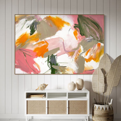 bold textured marks in pink, apricot, orange, sage, grey and olive with areas of white, beige and green across a large canvas