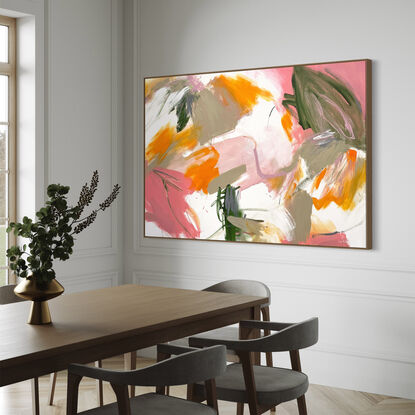 bold textured marks in pink, apricot, orange, sage, grey and olive with areas of white, beige and green across a large canvas