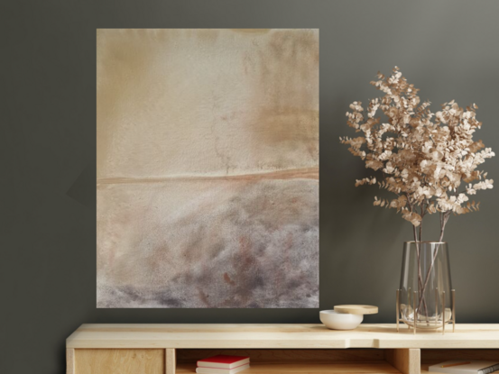 Slightly textured with earthy tones of raw sienna and burnt umber for the land and if you are looking into the distance at sunset this is modern piece 