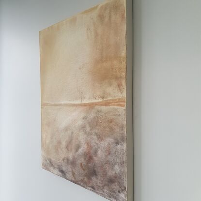 Slightly textured with earthy tones of raw sienna and burnt umber for the land and if you are looking into the distance at sunset this is modern piece 