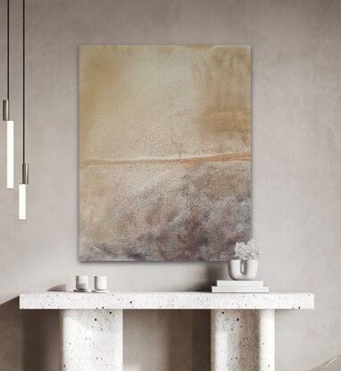 Slightly textured with earthy tones of raw sienna and burnt umber for the land and if you are looking into the distance at sunset this is modern piece 