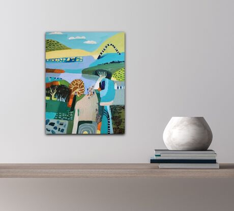 A Whimsical Decorative abstract landscape with  Mountains surrounding a lake.
