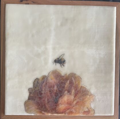 "Welcome to 'pit stop #3', a delightful mixed media and encaustic wax artwork that captures the beauty of nature in a unique way. This piece features a stunning full peachy-colored peony, radiating with vibrant life. A textured bee hovers above, poised to land on the flower, adding a touch of whimsy and movement to the scene. Measuring 28 x 28cm, 'pit stop #3' comes elegantly presented in a floating wooden frame, ready to bring a touch of charm and elegance to any space. This artwork is a perfect blend of creativity and nature, inviting you to pause and appreciate the simple joys that surround us. A lovely addition to any art collection or a thoughtful gift for someone special."