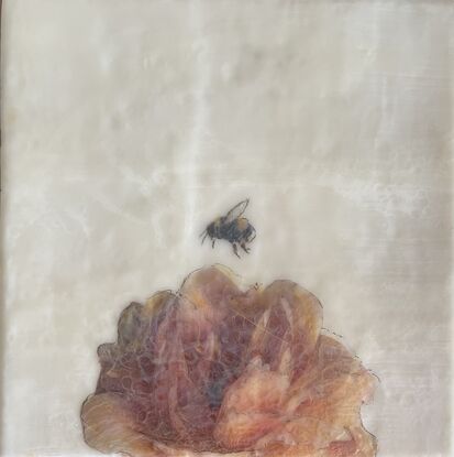 "Welcome to 'pit stop #3', a delightful mixed media and encaustic wax artwork that captures the beauty of nature in a unique way. This piece features a stunning full peachy-colored peony, radiating with vibrant life. A textured bee hovers above, poised to land on the flower, adding a touch of whimsy and movement to the scene. Measuring 28 x 28cm, 'pit stop #3' comes elegantly presented in a floating wooden frame, ready to bring a touch of charm and elegance to any space. This artwork is a perfect blend of creativity and nature, inviting you to pause and appreciate the simple joys that surround us. A lovely addition to any art collection or a thoughtful gift for someone special."