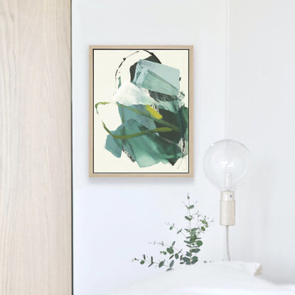 Broad grey blue and dark green brushstrokes over a white background with olive and mustard lifework. 