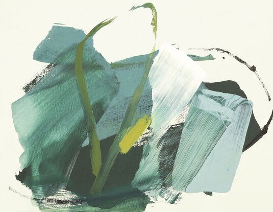 Broad grey blue and dark green brushstrokes over a white background with olive and mustard lifework. 