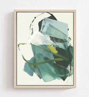 Broad grey blue and dark green brushstrokes over a white background with olive and mustard lifework. 