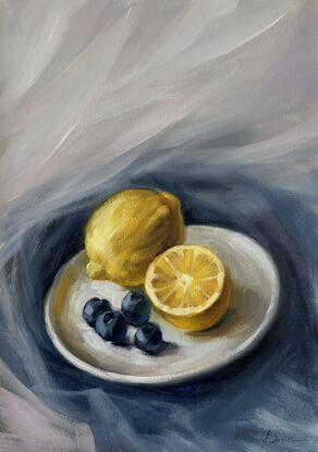 Still life with lemons and blueberries