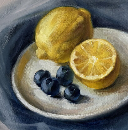 Still life with lemons and blueberries